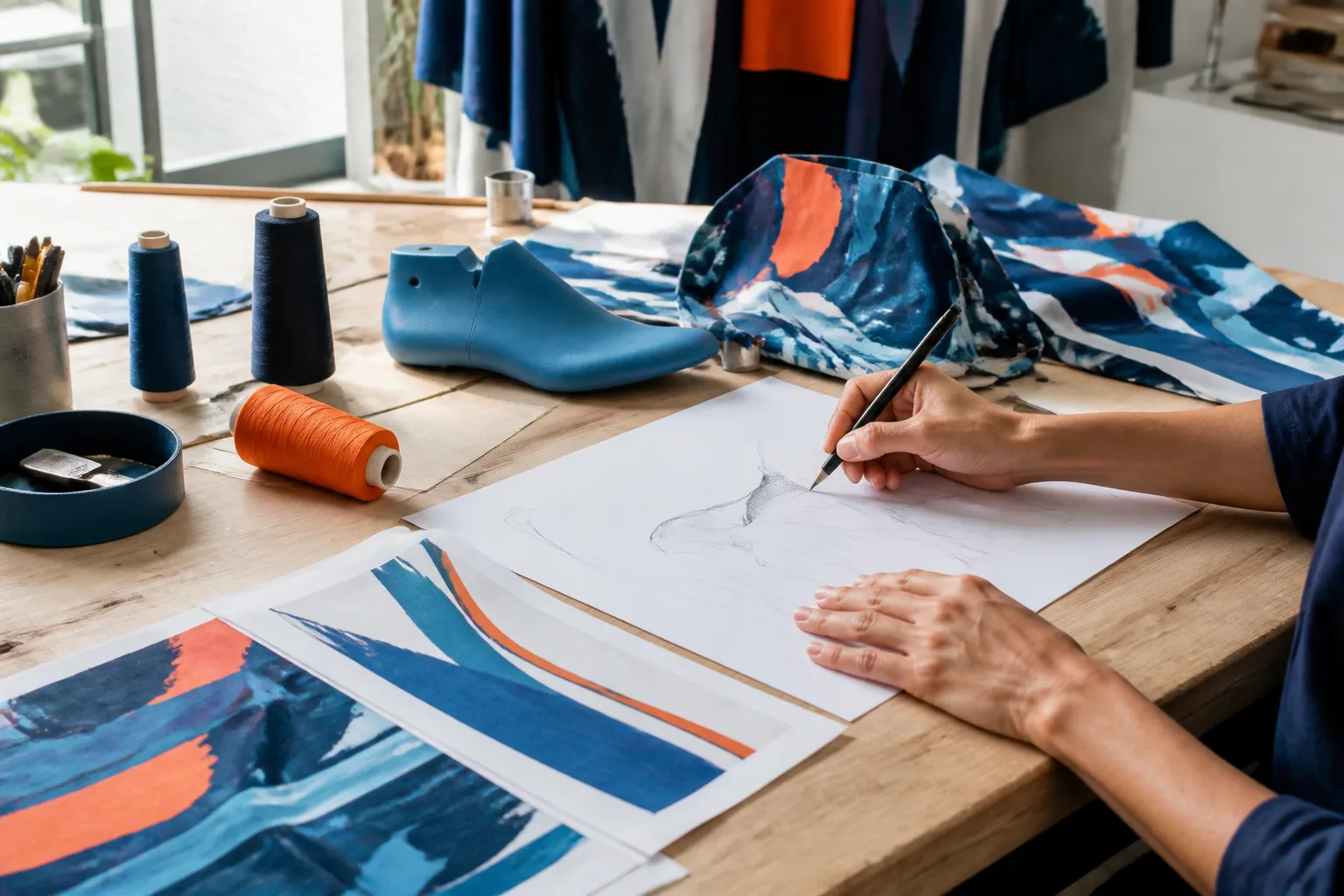 Colourful sketchbook, printed shoes and bag concepts in a creative studio