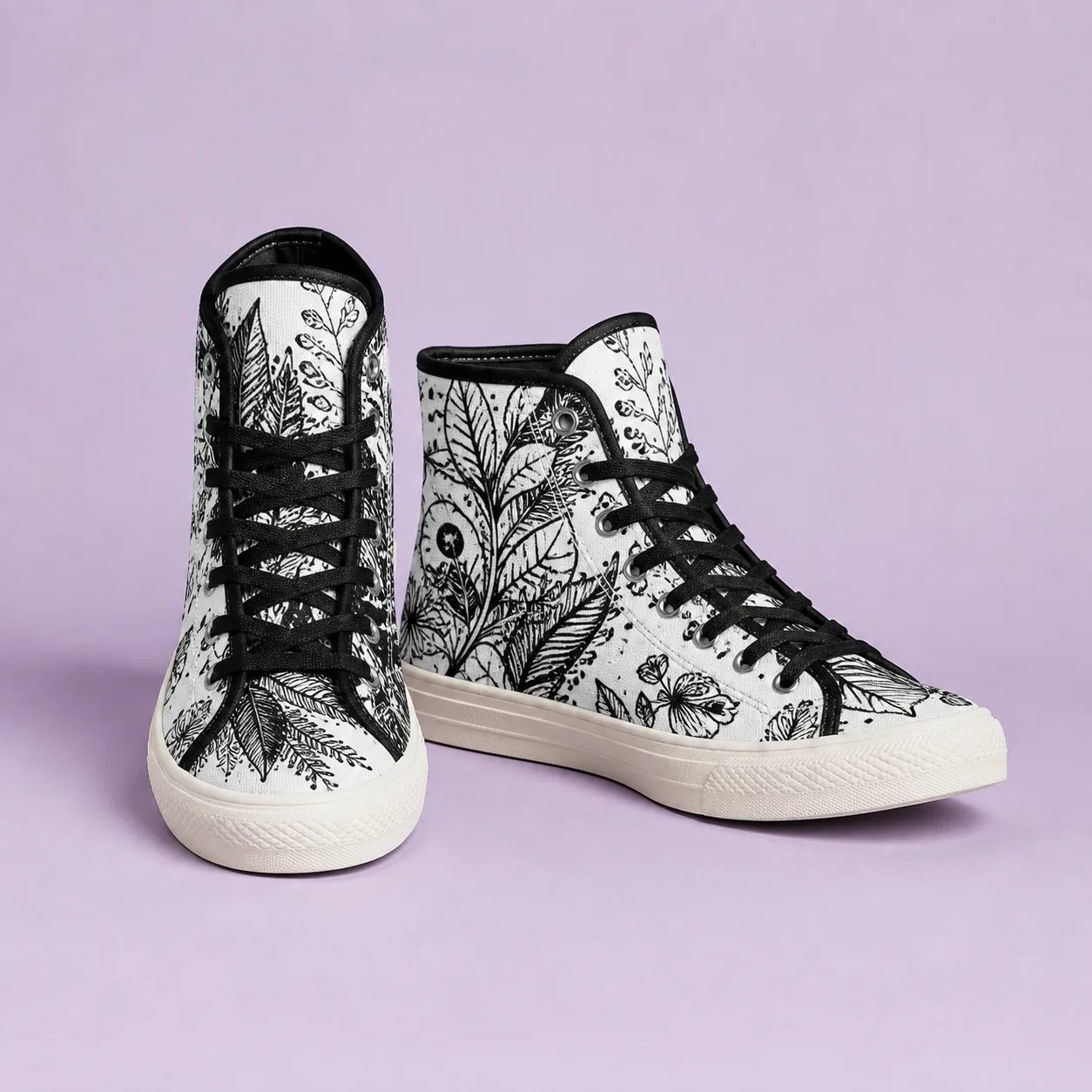 Black and white high-top canvas sneakers with hand-drawn botanical print