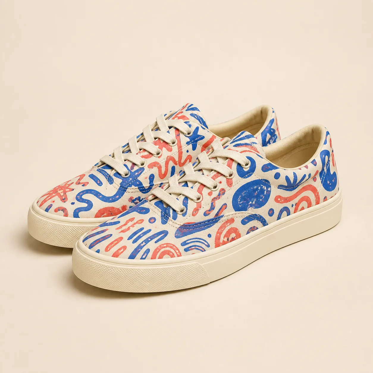 Cream low-cut canvas sneakers with cobalt and coral abstract doodles