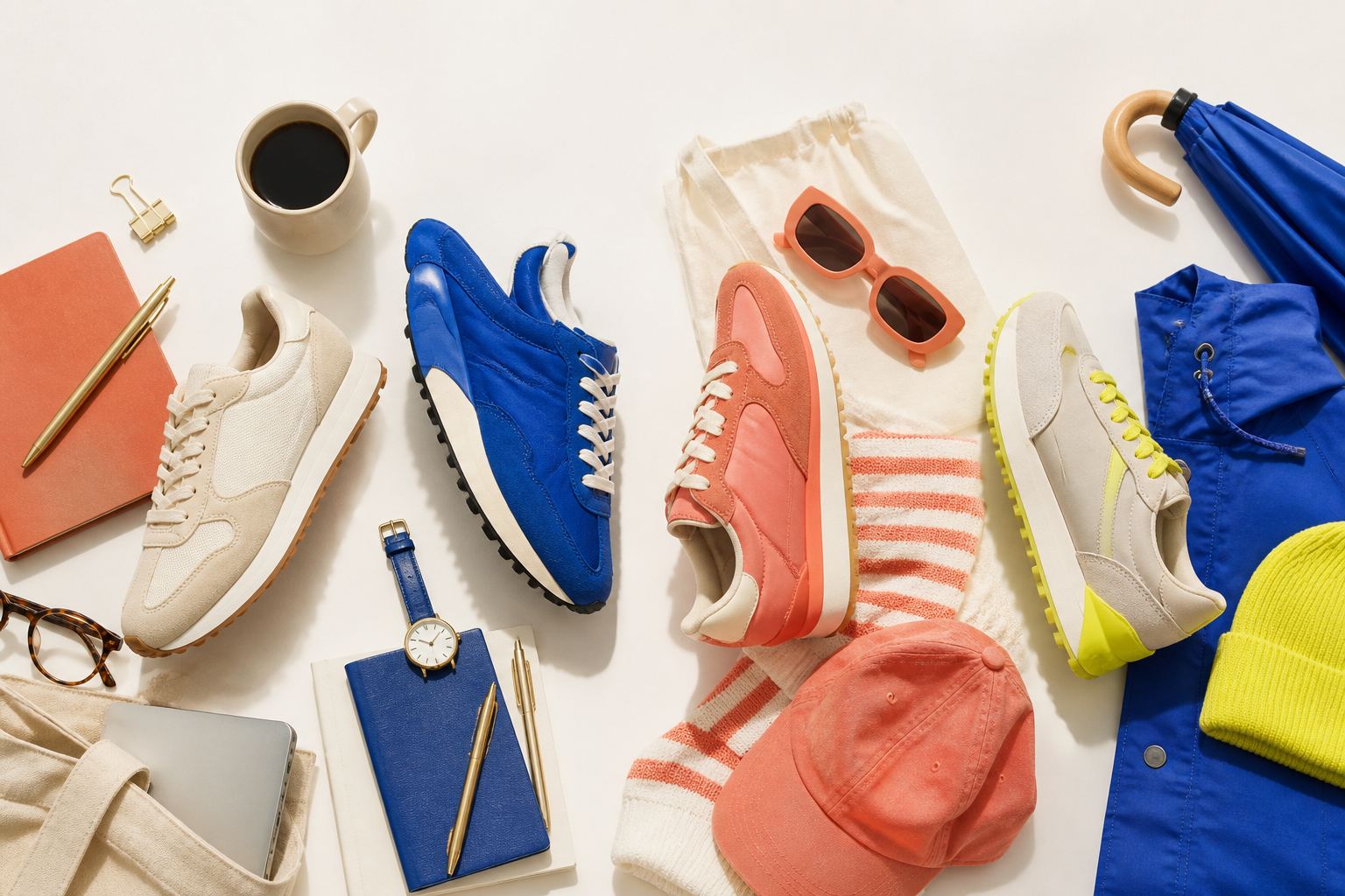 Four illustrated sneaker silhouettes arranged with work, weekend and rainy-day accessories