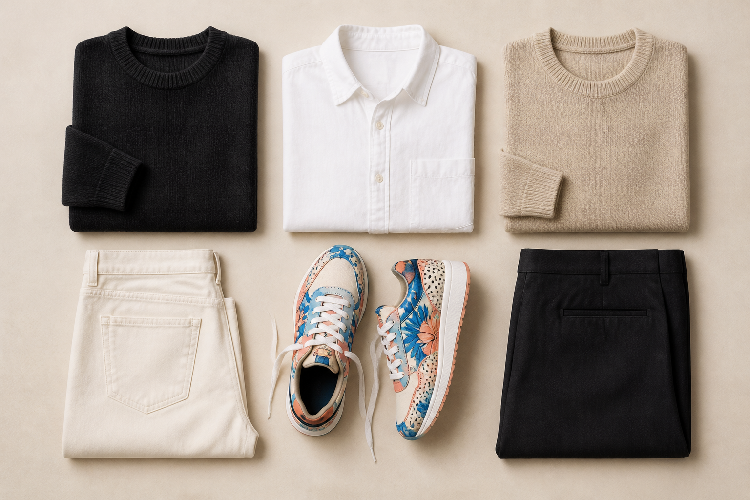 Neutral capsule wardrobe arranged around colourful illustrated sneakers