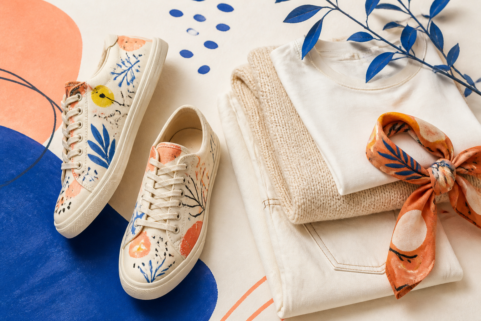 Illustrated cream sneakers beside folded neutral clothes in a cobalt and coral flat lay