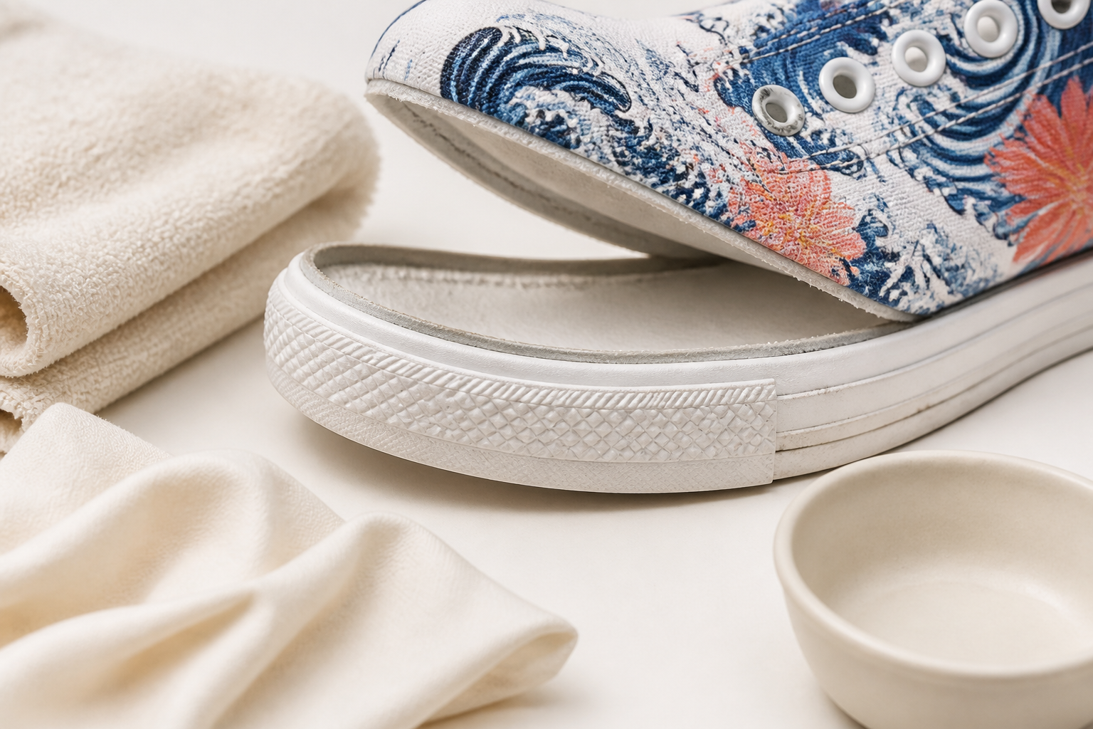 Close view of a white midsole separated visually from a colourful printed upper and soft cloths