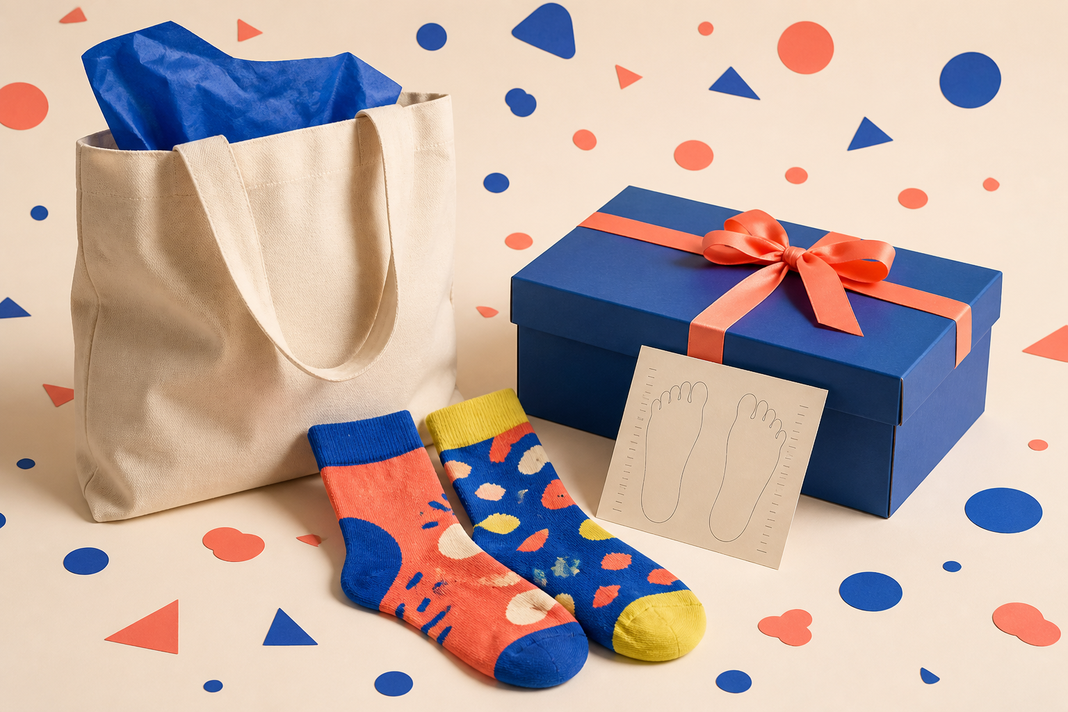 Illustrated gift scene with tote, socks, blank measuring card and ribboned shoe box