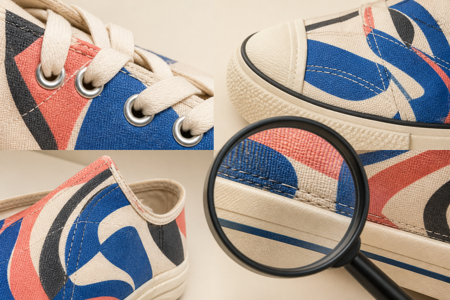 Magnifying glass near illustrated sneaker seams, eyelets, print edges and sole joins