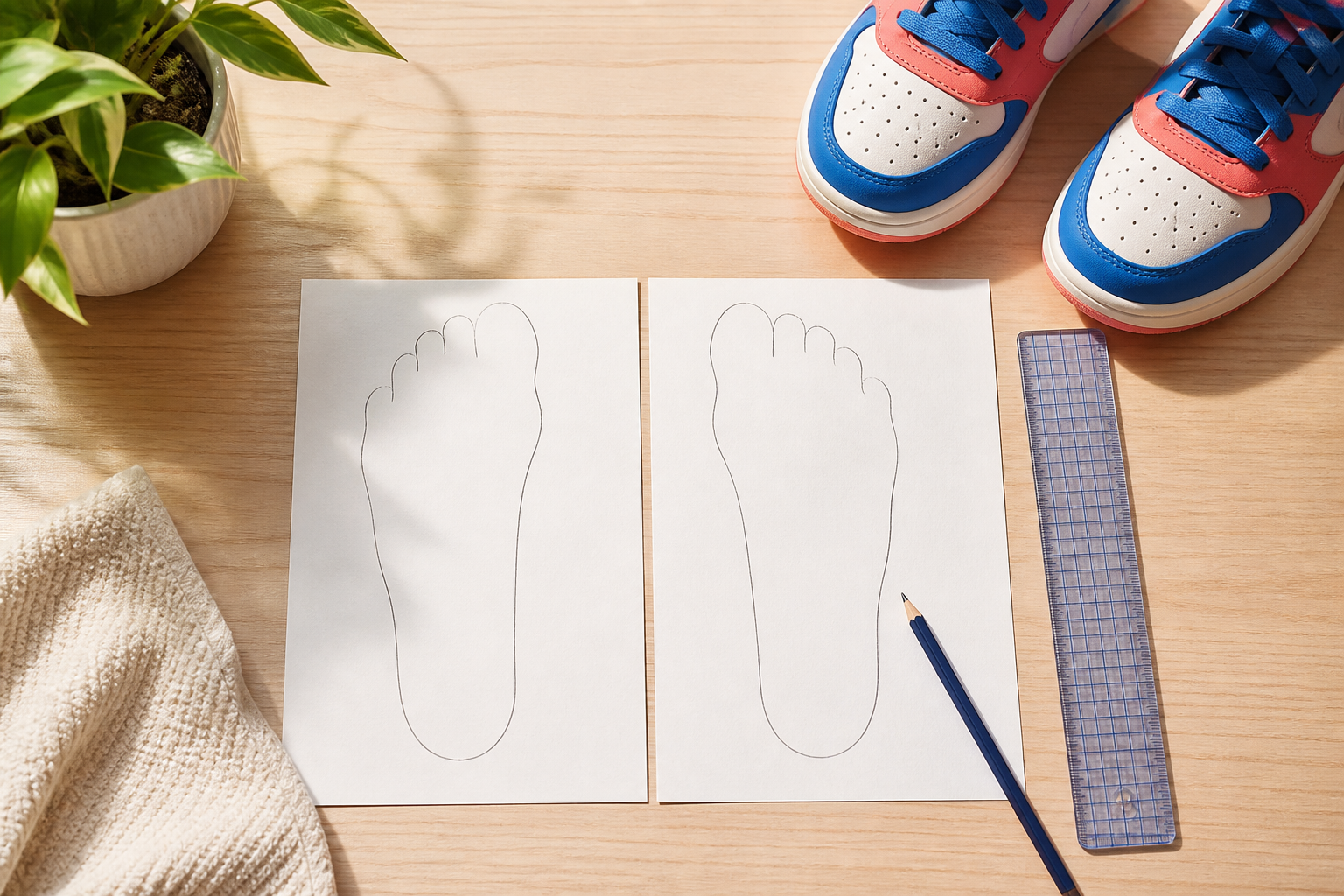 Paper foot outlines, ruler, pencil and illustrated sneakers on a light wood table