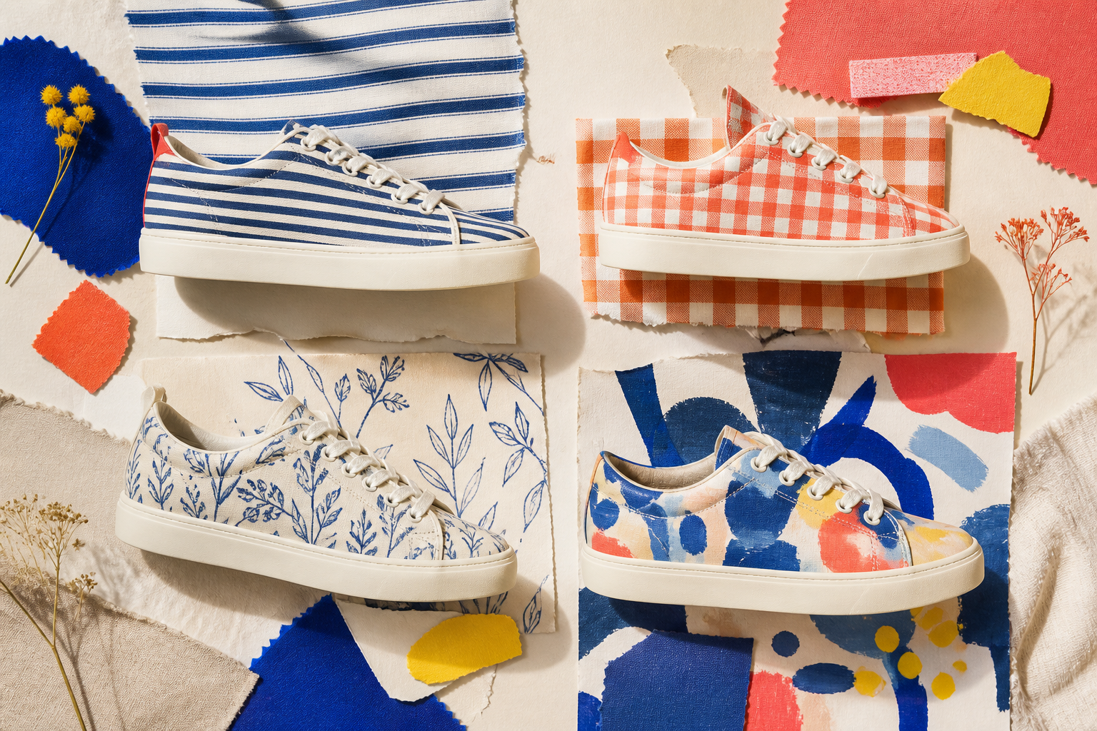 Fabric stripes, checks and botanical doodle sneakers arranged as a controlled print mix