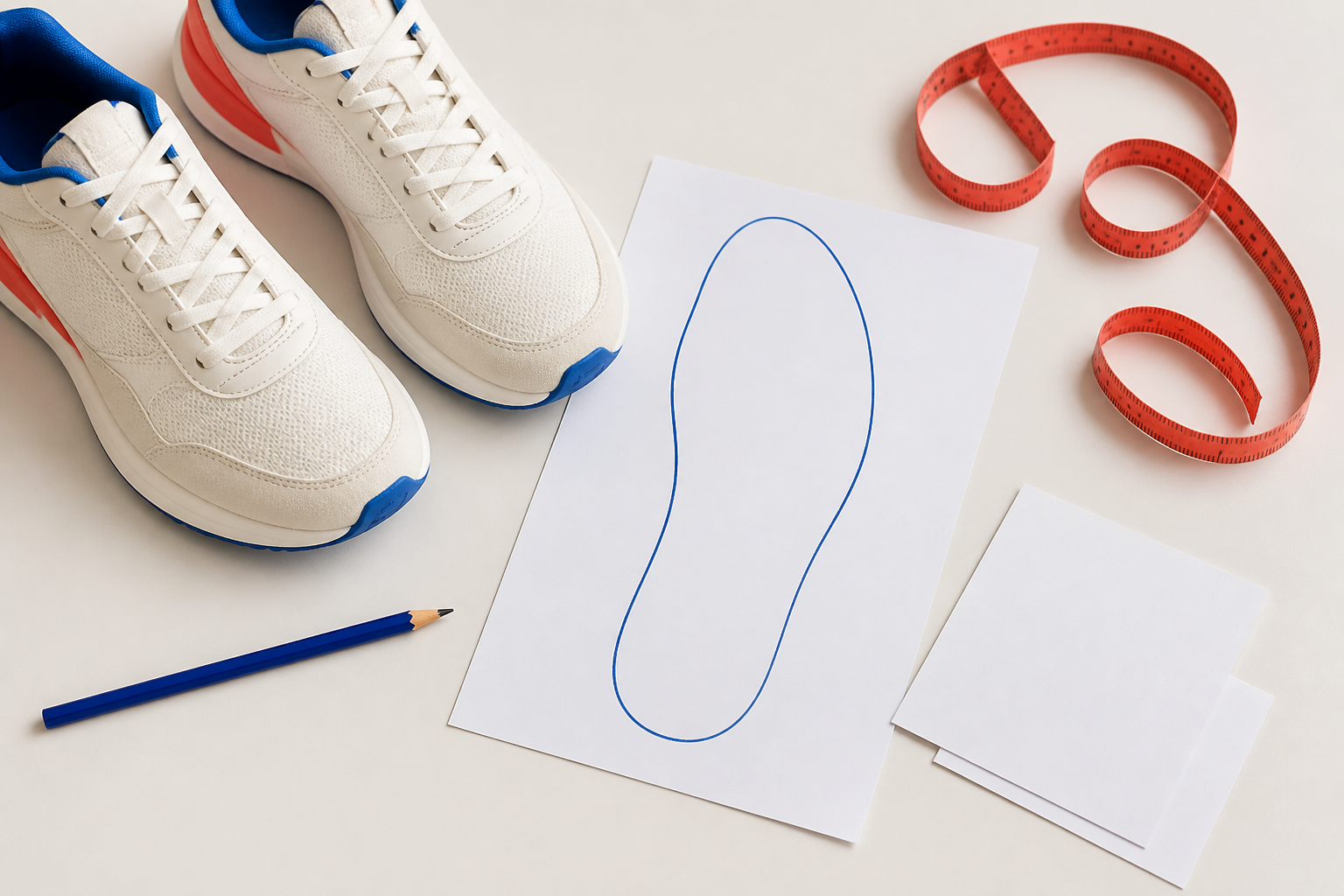Illustrated sneakers beside a foot outline, tape and blank checklist cards