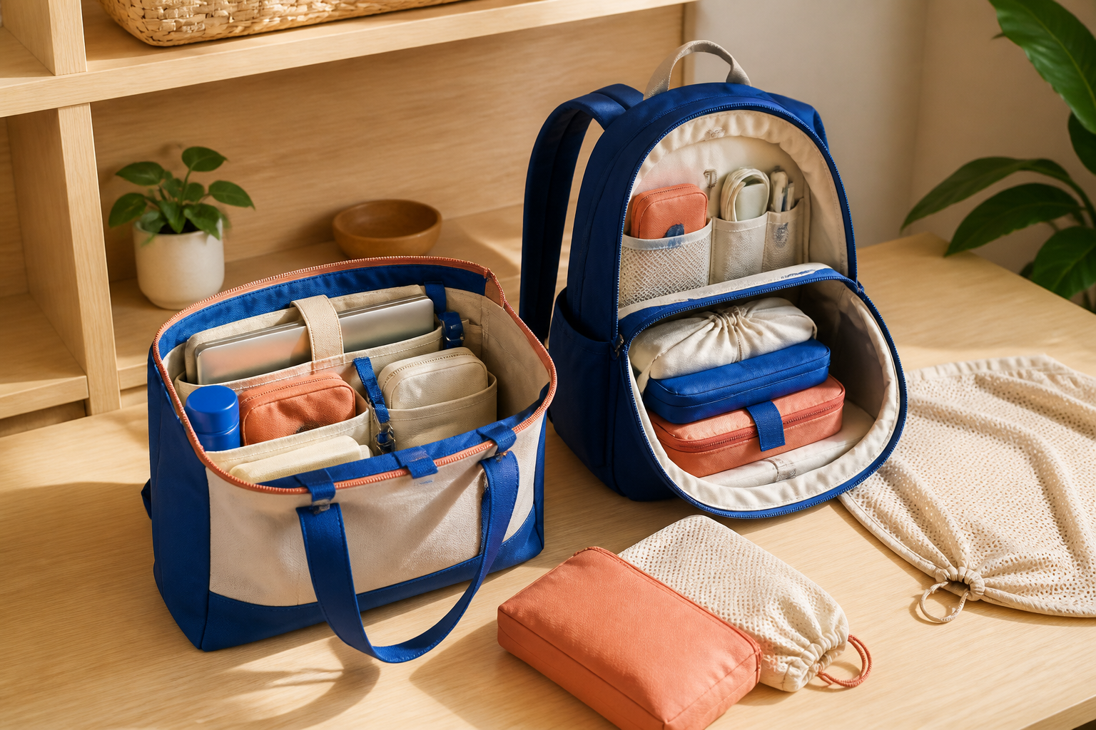 Illustrated tote and backpack organized with soft pouches and a breathable cover