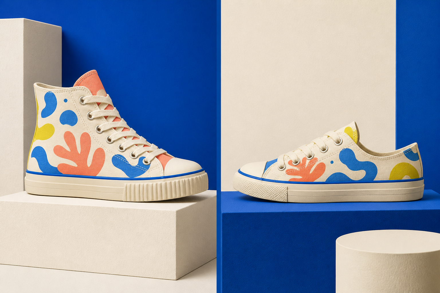 Illustrated high-top and low-top sneakers compared on cobalt and cream blocks