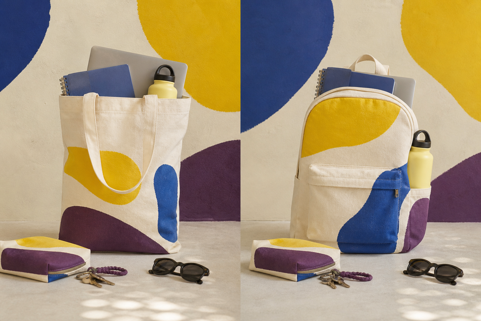 Illustrated canvas tote and backpack compared with the same everyday objects