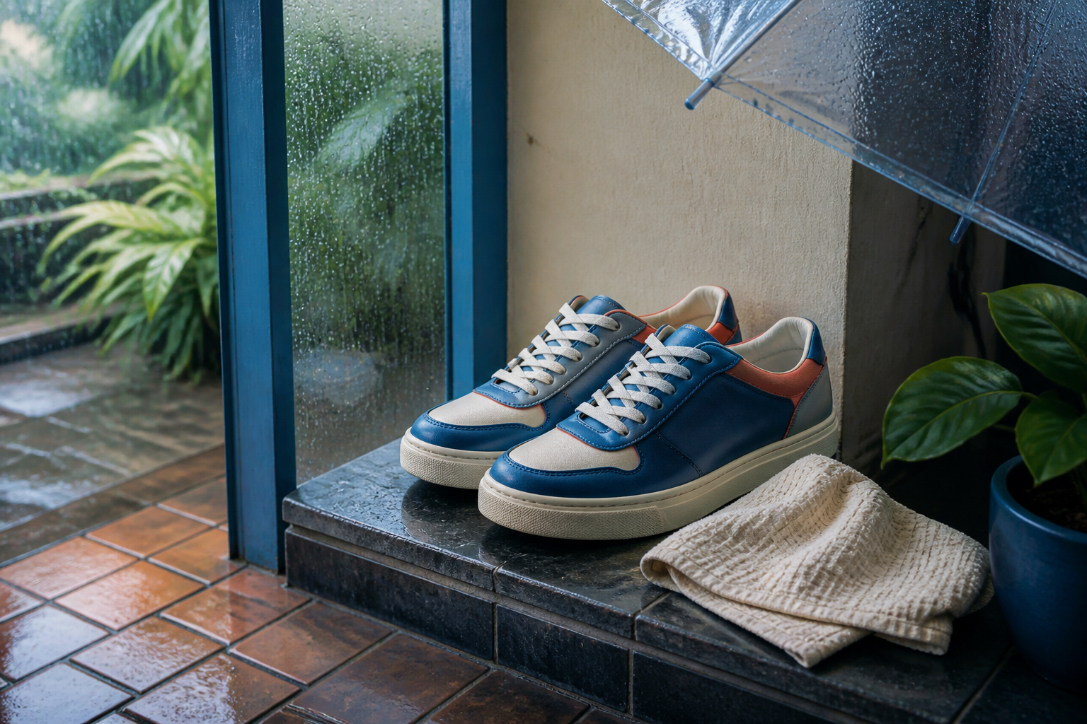 Illustrated sneakers near a rain-speckled window with a dry cloth and umbrella edge