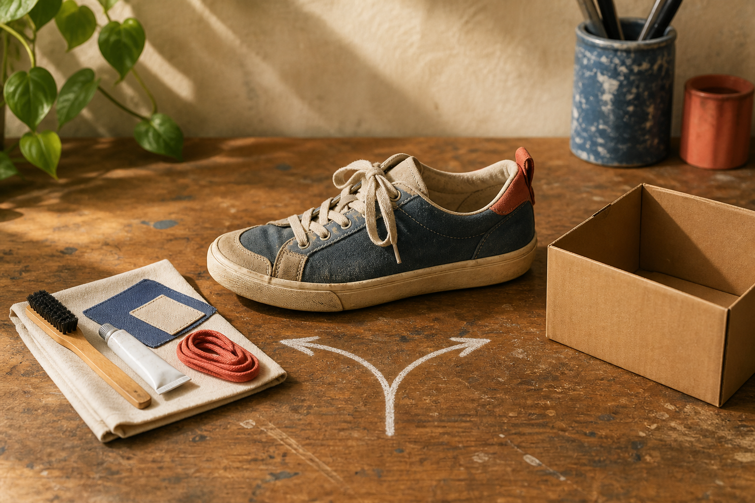 Worn illustrated sneaker between a simple repair kit and a plain replacement box