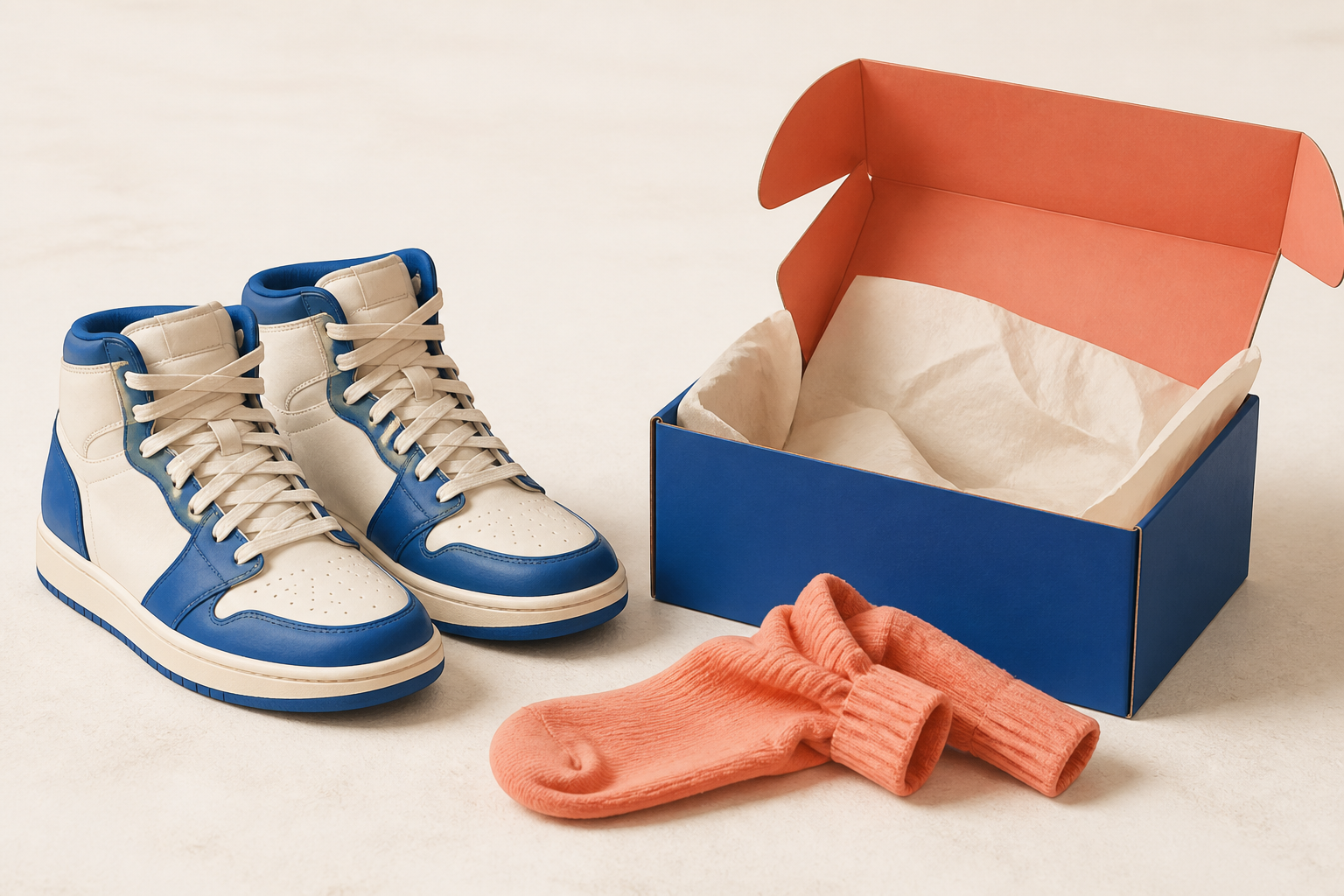 Illustrated sneakers beside soft socks and an open plain return box