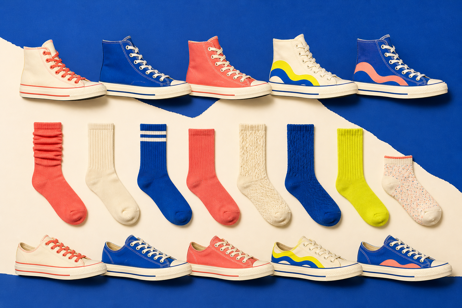 High-top and low-top illustrated sneakers arranged with coordinated sock heights