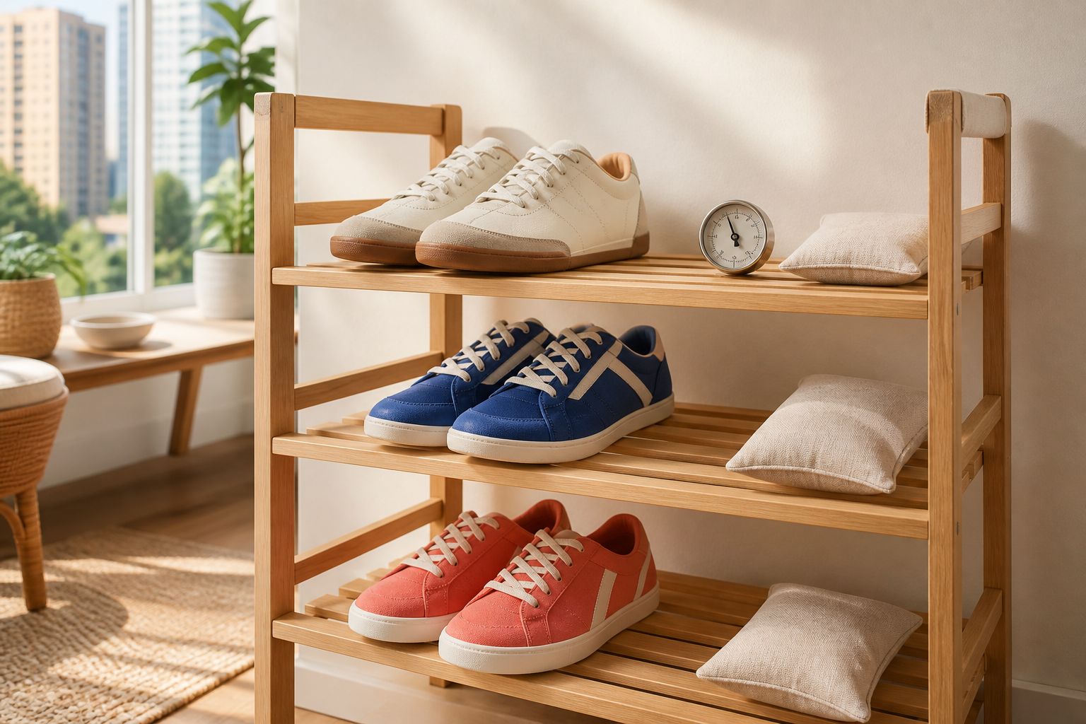 Ventilated shelf with spaced illustrated sneakers and soft shape supports