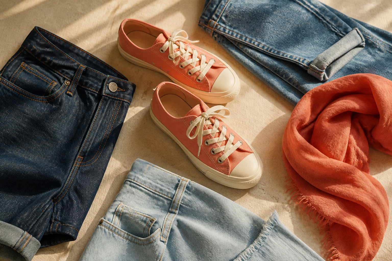 Doodle sneakers arranged with several indigo denim textures and a coral accessory