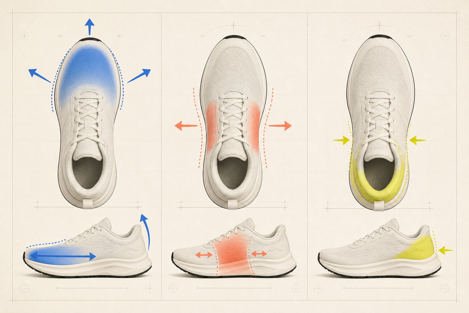 Unlabelled visual diagram of sneaker toe room, width and heel hold
